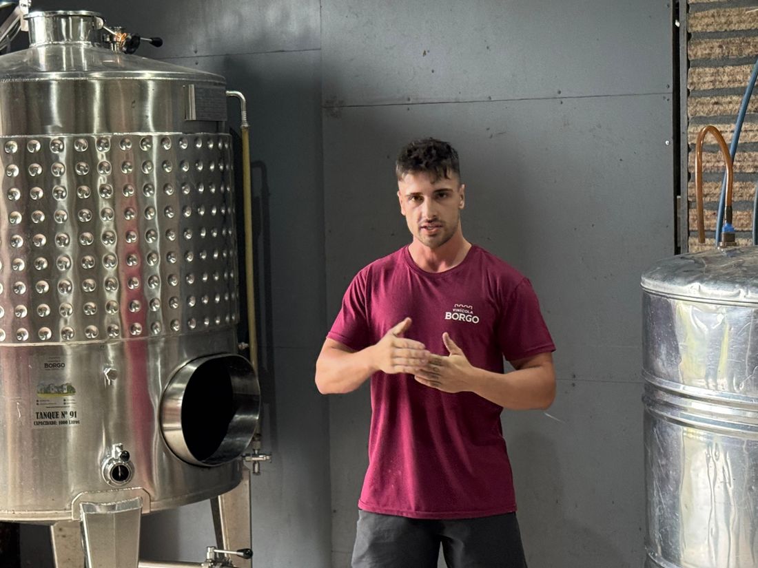 Guia da Borgo explicando a produção ao lado dos tanques de vinificação